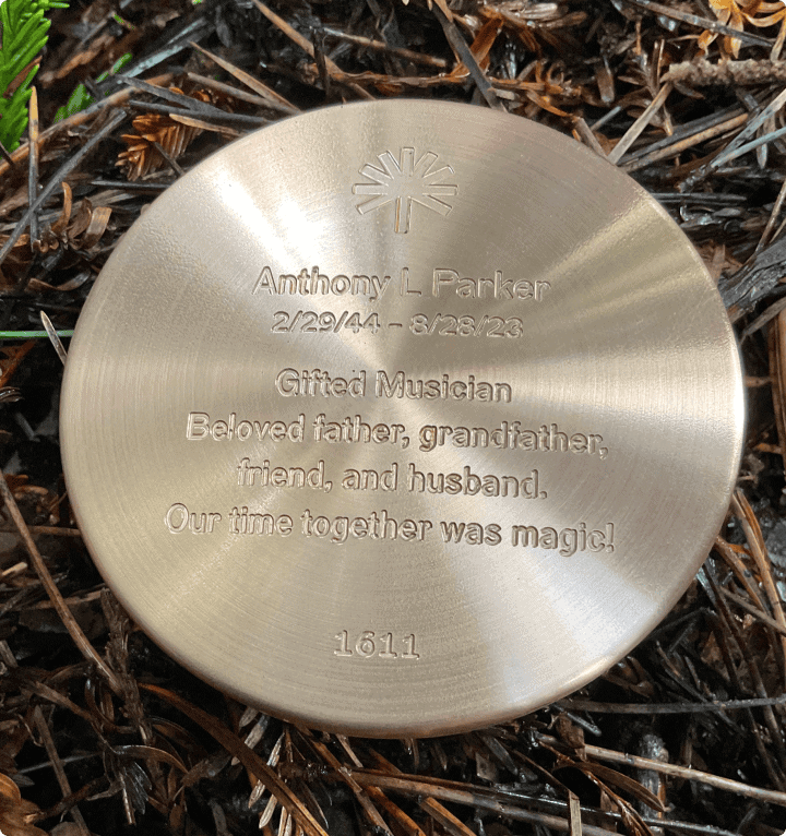 A memorial marker in Better place forests Point arena, California