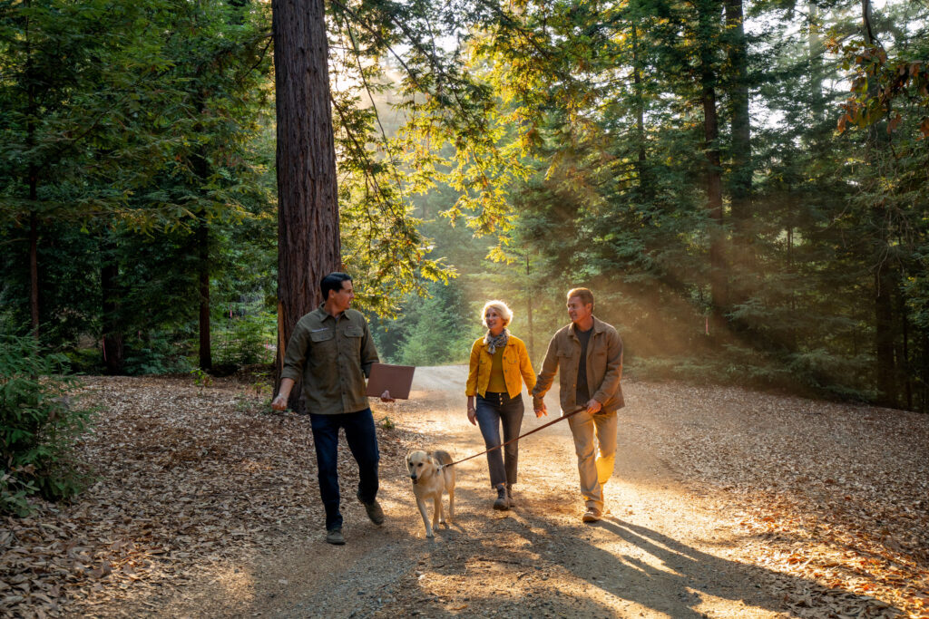 couple and guide walking at a forest visit