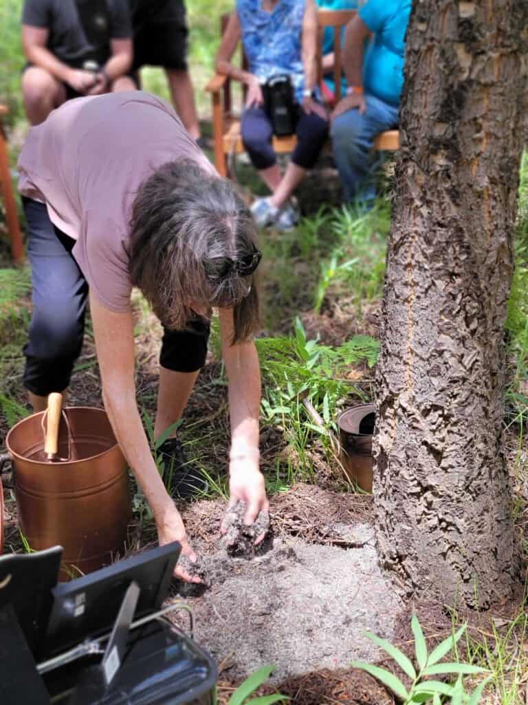woman spreads ashes of husband at memorial tree