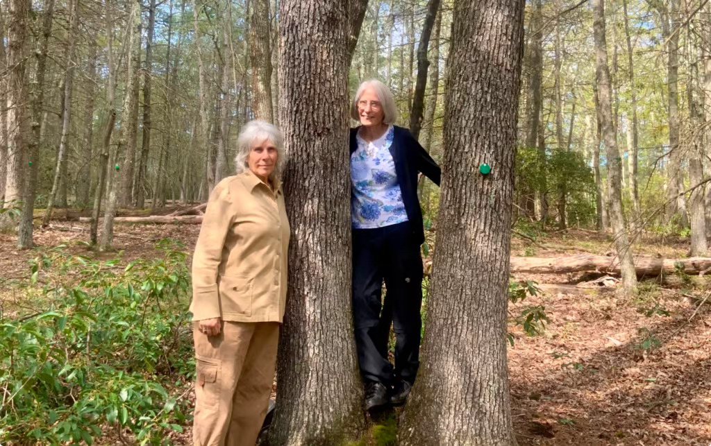 two sisters stand in their memorial tree they have a sisterly bond