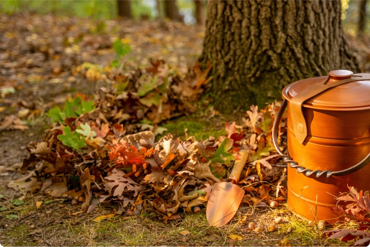 a forest memorial nest at a tree with trowel and vessel