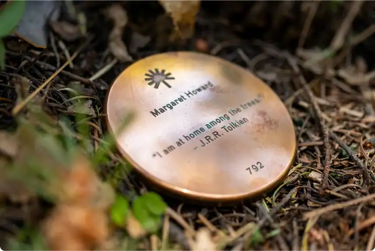 a close up of a memorial marker on the forest floor